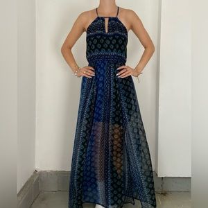 Blue Aztec design long dress with open back and slit on left side